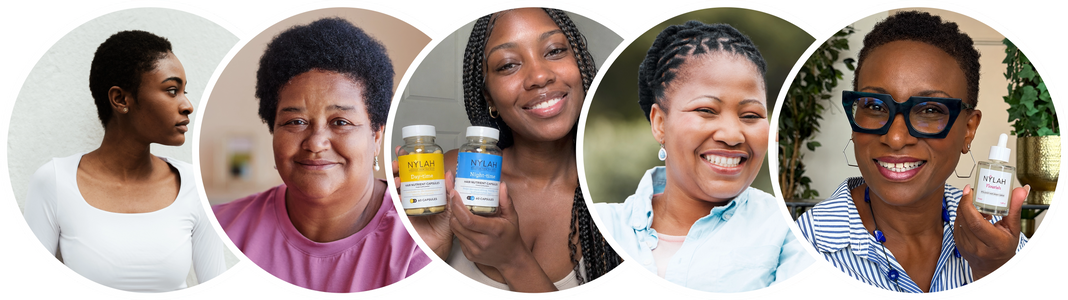 A horizontal collage of five circular portraits showing different women with natural afro hair, styled with soft neutral and earthy tones.