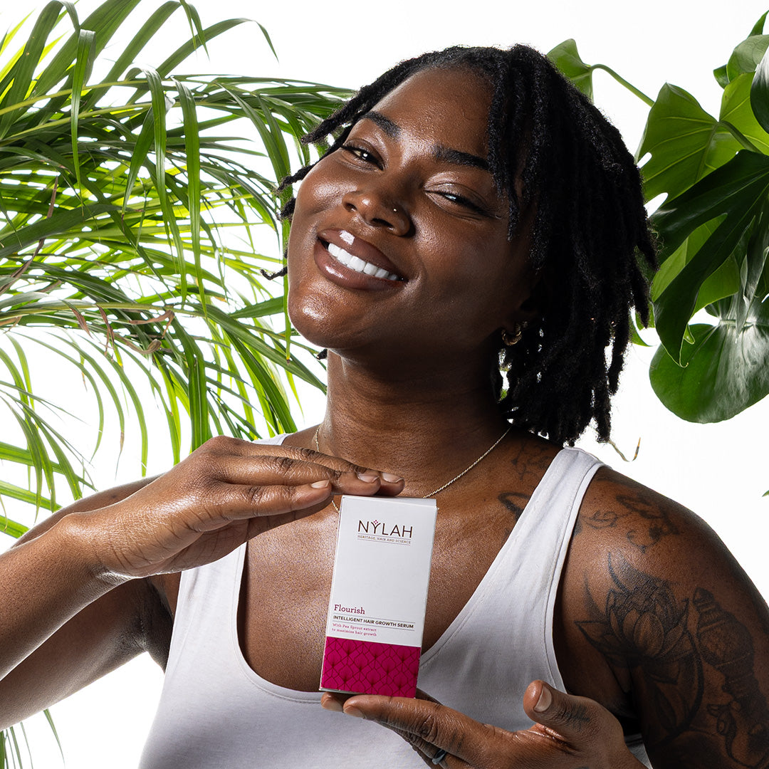 Model with Flourish Intelligent Hair Growth Serum