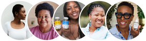 A horizontal collage of five circular portraits showing different women with natural afro hair, styled with soft neutral and earthy tones.